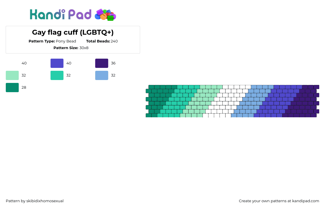 Gay flag cuff (LGBTQ+ pride) - Pony Bead Pattern by skibidixhomosexual on Kandi Pad - gay,pride,diagonal,stripes,cuff,gradient,teal,green,blue