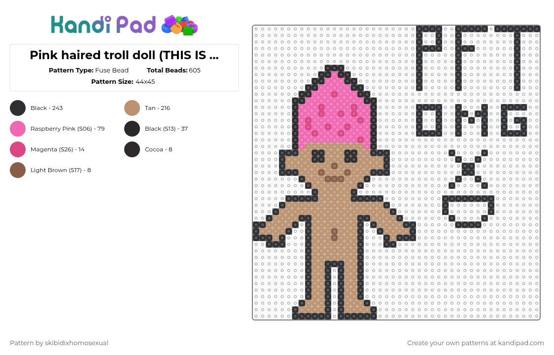 Pink haired troll doll (THIS IS SO BAD IM CRYING) - Fuse Bead Pattern by skibidixhomosexual on Kandi Pad - beige, cotdtrolls, doll, fluffy, frizzy, hair, pink, toy, troll