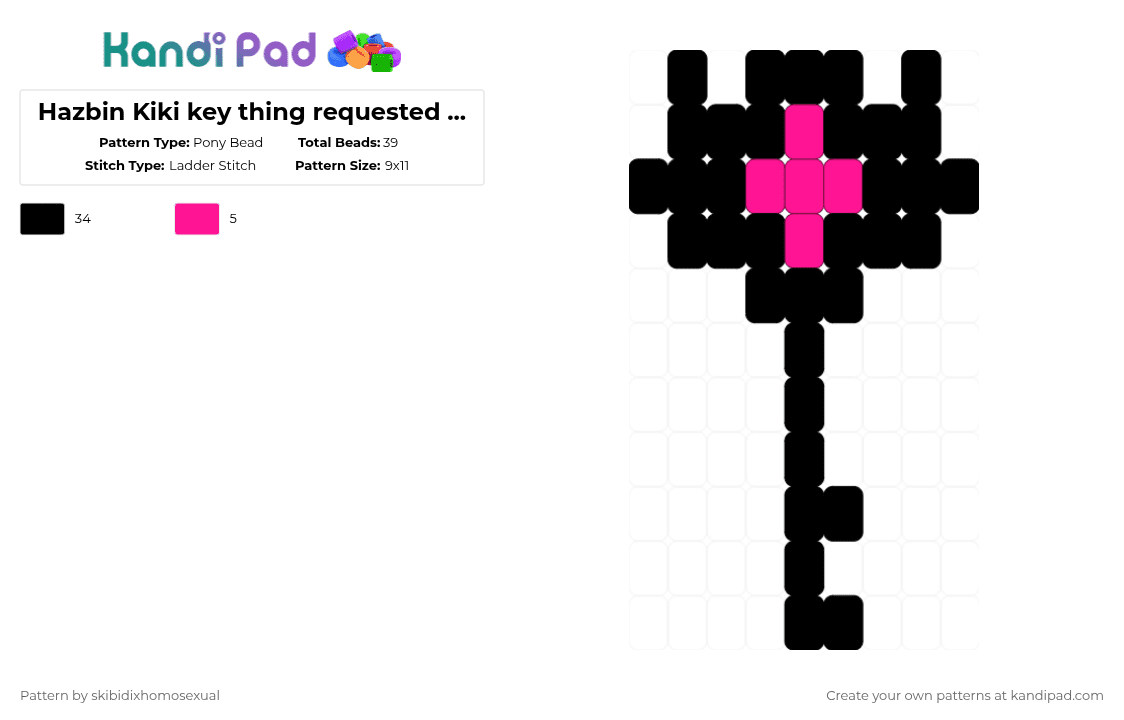 Hazbin Kiki key thing requested by: coralrayne  2/2 - Pony Bead Pattern by skibidixhomosexual on Kandi Pad - black,hazbin,hazbin hotel,hotel,key,keys,pink,kiki