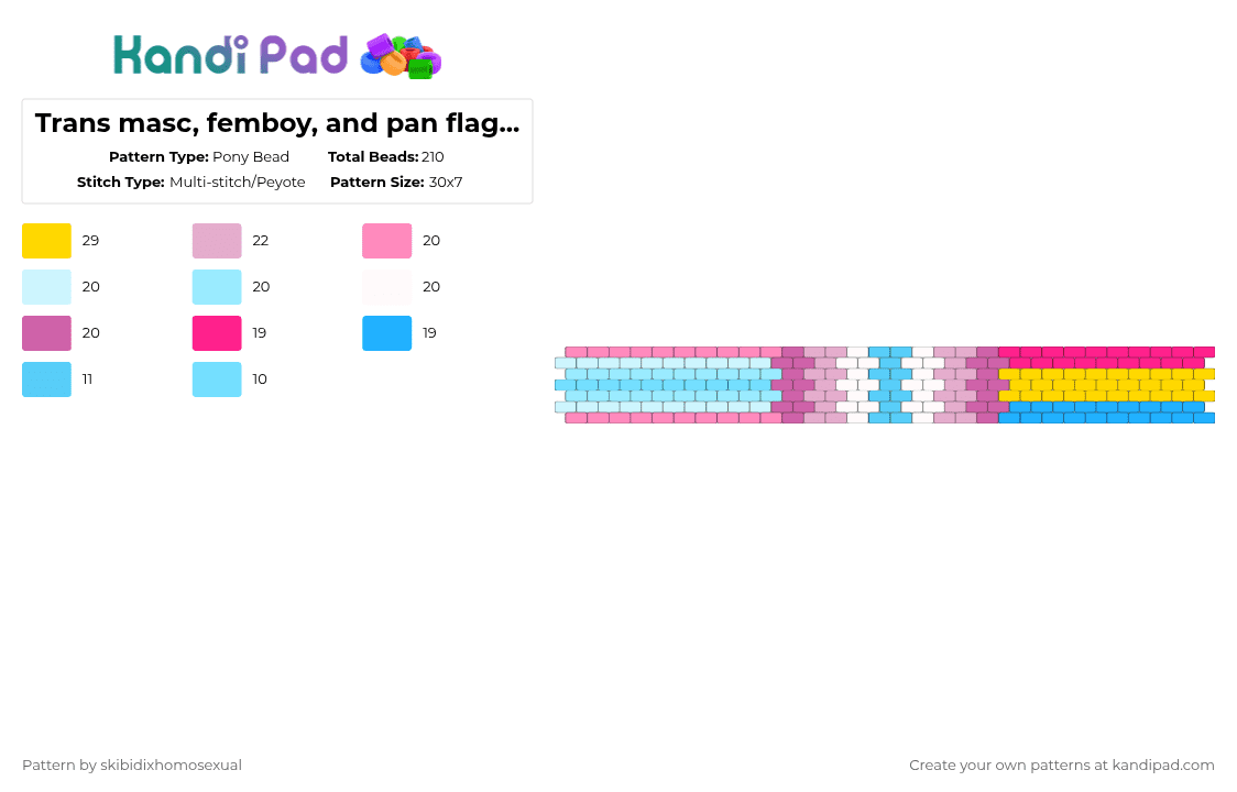 Trans masc, femboy, and pan flag cuff requested by: a_kandi_kid_on_pazz - Pony Bead Pattern by skibidixhomosexual on Kandi Pad - pink,light blue,lgbtqia,lgbtq,pride,cuff,transmasc,femboy,pan,trans