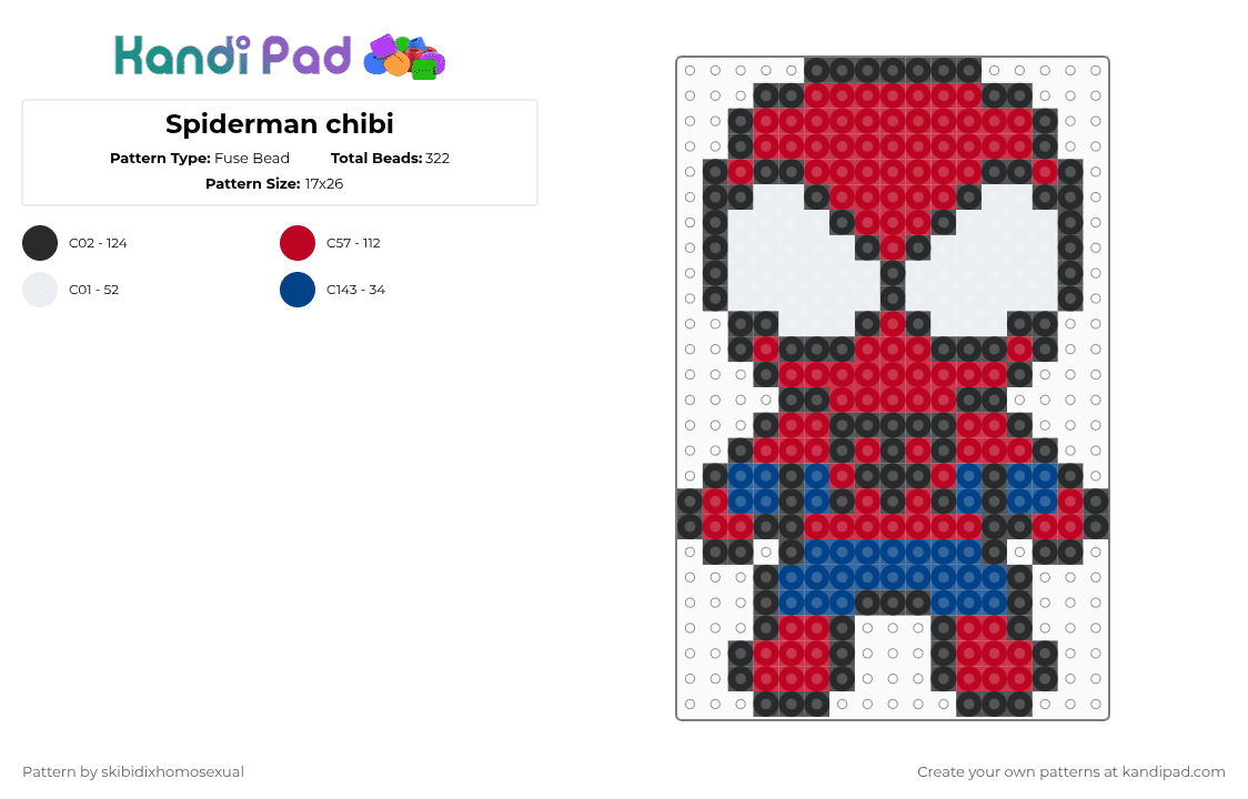 Spiderman chibi - Fuse Bead Pattern by skibidixhomosexual on Kandi Pad - red,spider,spiderman,superhero,marvel,spider man,web,superpower