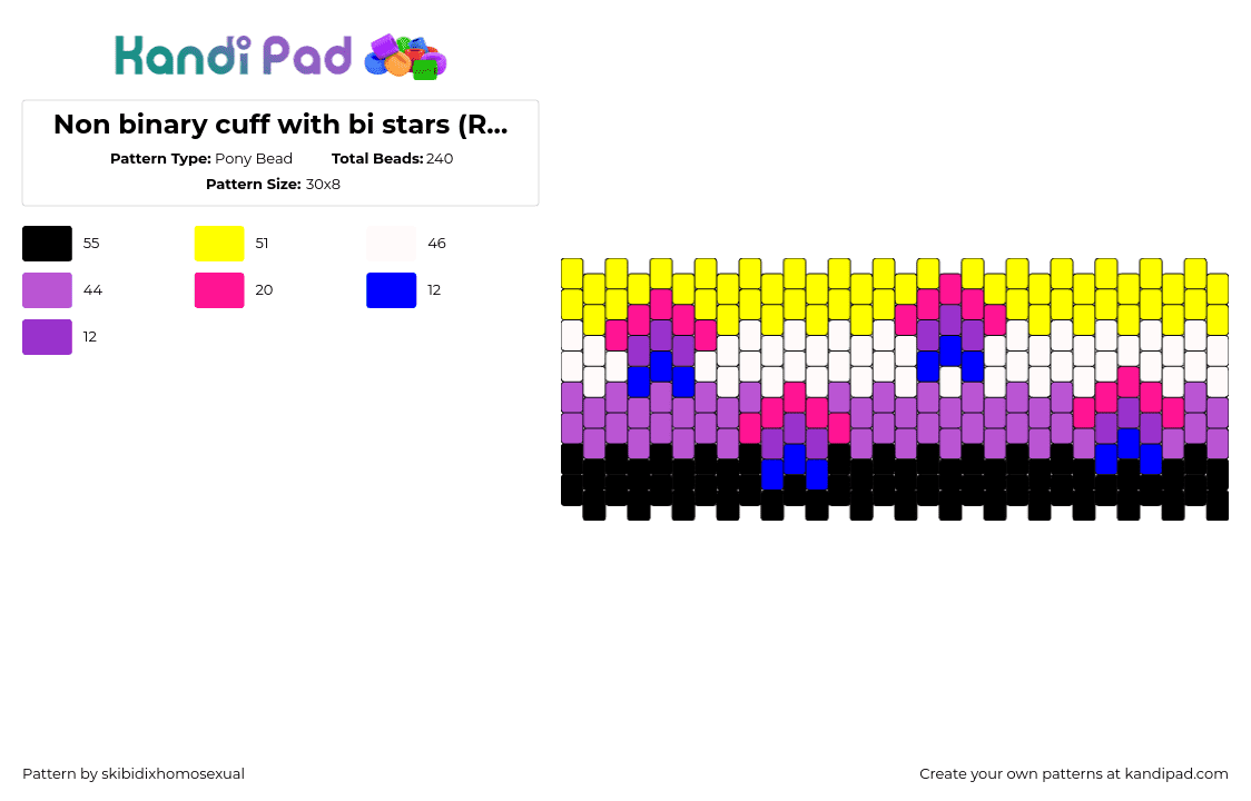 Non binary cuff with bi stars (Requested by: sigma_kandi) LGBTQ+ pride - Pony Bead Pattern by skibidixhomosexual on Kandi Pad - nobinary,bisexual,pride,enby,cuff,yellow,purple