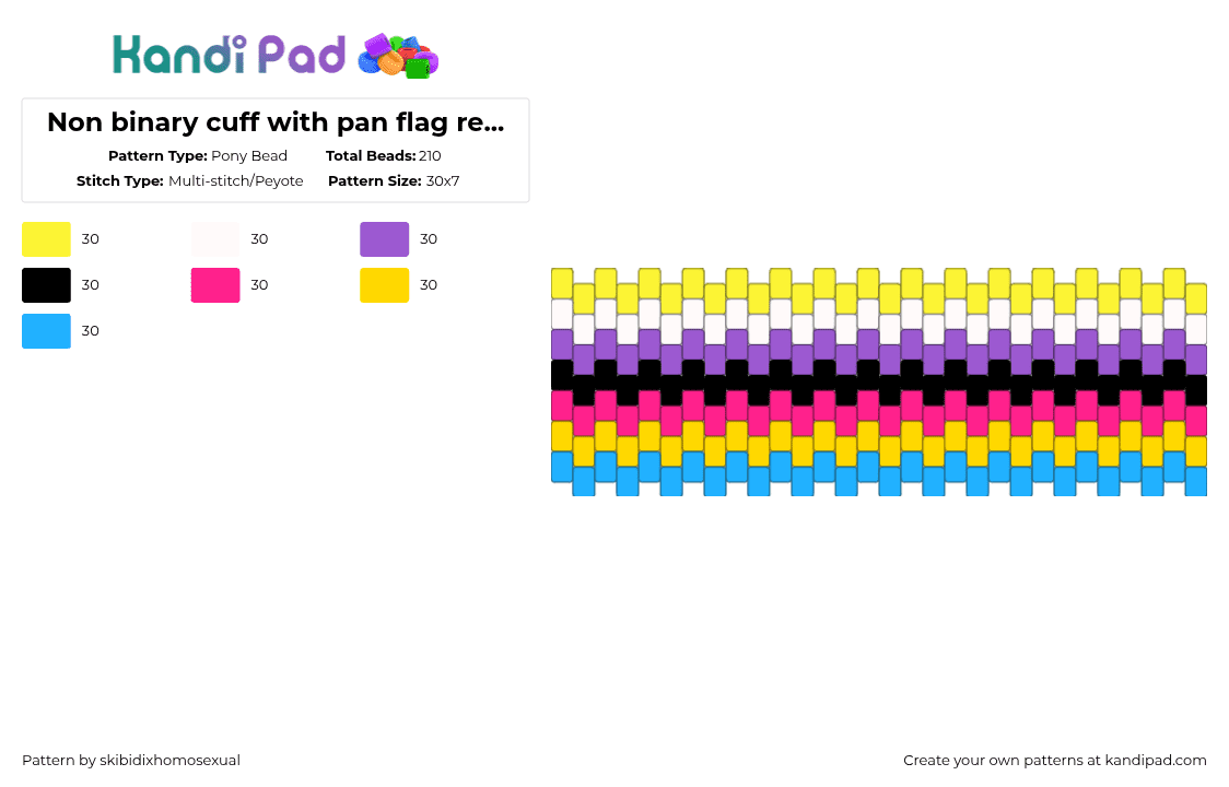 Non binary cuff with pan flag requested by: Plastic_elastic - Pony Bead Pattern by skibidixhomosexual on Kandi Pad - yellow,lgbtqia,lgbtq,pride,non binary,pan,request,nonbinary