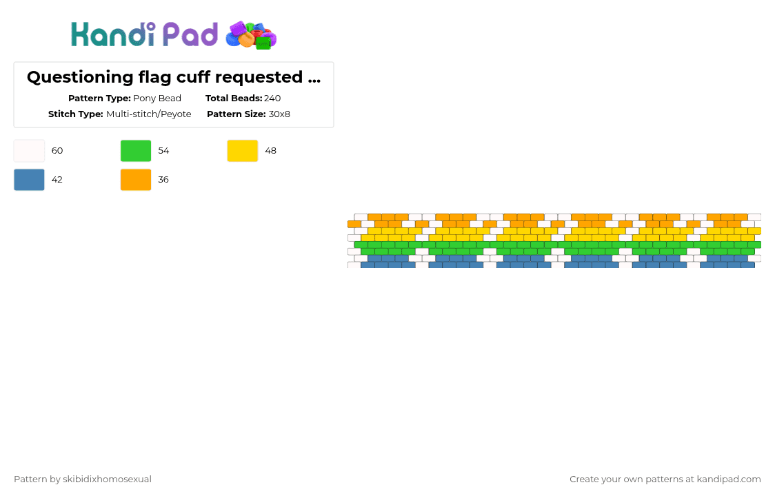 Questioning flag cuff requested by: k_k1lkl0wn - Pony Bead Pattern by skibidixhomosexual on Kandi Pad - yellow,green,lgbtq,lgbtqia,lgbt,flag,cuff,questioning,pride