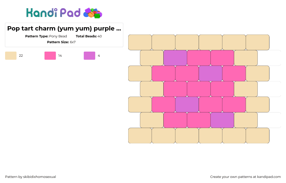 Pop tart charm (yum yum) pink frosting and purple sprinkles - Pony Bead Pattern by skibidixhomosexual on Kandi Pad - poptart,breakfast,nyan cat,sprinkles,food,beige,pink