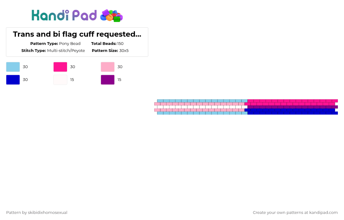 Trans and bi flag cuff requested by: elliot3beads  2/4 - Pony Bead Pattern by skibidixhomosexual on Kandi Pad - pink,lgbtq,lgbtqia,pride,cuff,lgbt,trans,bi,bisexual