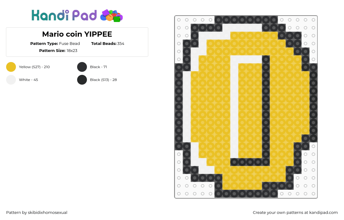 Mario coin YIPPEE - Fuse Bead Pattern by skibidixhomosexual on Kandi Pad - yellow,mario,coin,money,game,smash bros,nintendo,shiny