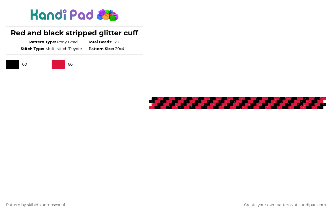 Red and black stripped glitter cuff - Pony Bead Pattern by skibidixhomosexual on Kandi Pad - black,red,stripes,glitter,cuff,small