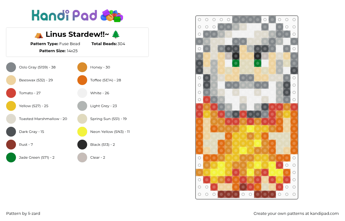 ⛺ Linus Stardew!!~ 🌲 - Fuse Bead Pattern by deleted_user_610566 on Kandi Pad - orange,beige,gray