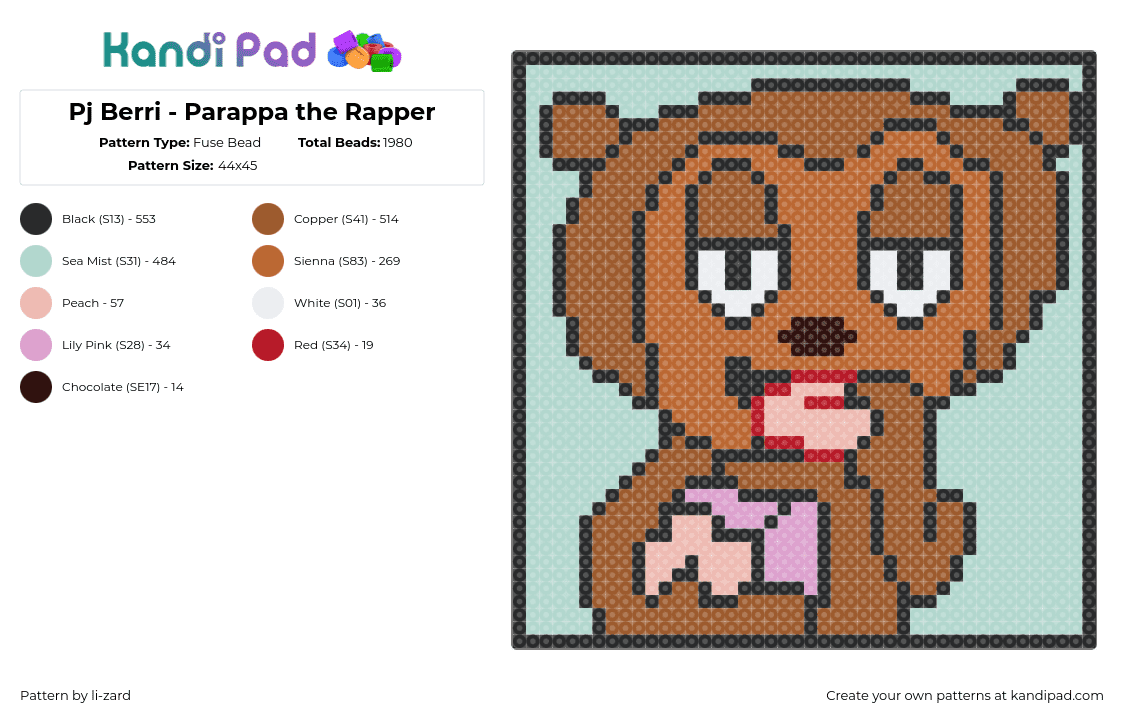 Pj Berri - Parappa the Rapper - Fuse Bead Pattern by li-zard on Kandi Pad - pj berri,parappa the rapper,character,bear,donut,food,video game,portrait,brown,teal