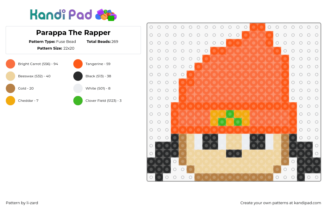 Parappa The Rapper - Fuse Bead Pattern by li-zard on Kandi Pad - parappa the rapper,character,video game,head,hat,beanie,music,orange,tan