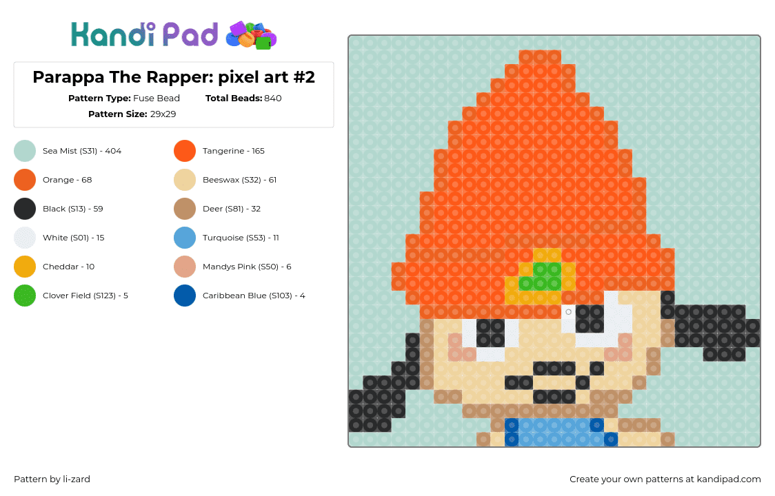 Parappa The Rapper: pixel art #2 - Fuse Bead Pattern by li-zard on Kandi Pad - parappa the rapper,portrait,video game,character,hat,beanie,music,orange,teal,tan