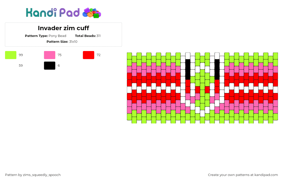 Invader zim cuff - Pony Bead Pattern by zims_squeedly_spooch on Kandi Pad - invader zim,neon,cuff,cartoon,tv show,stripes,pink,green