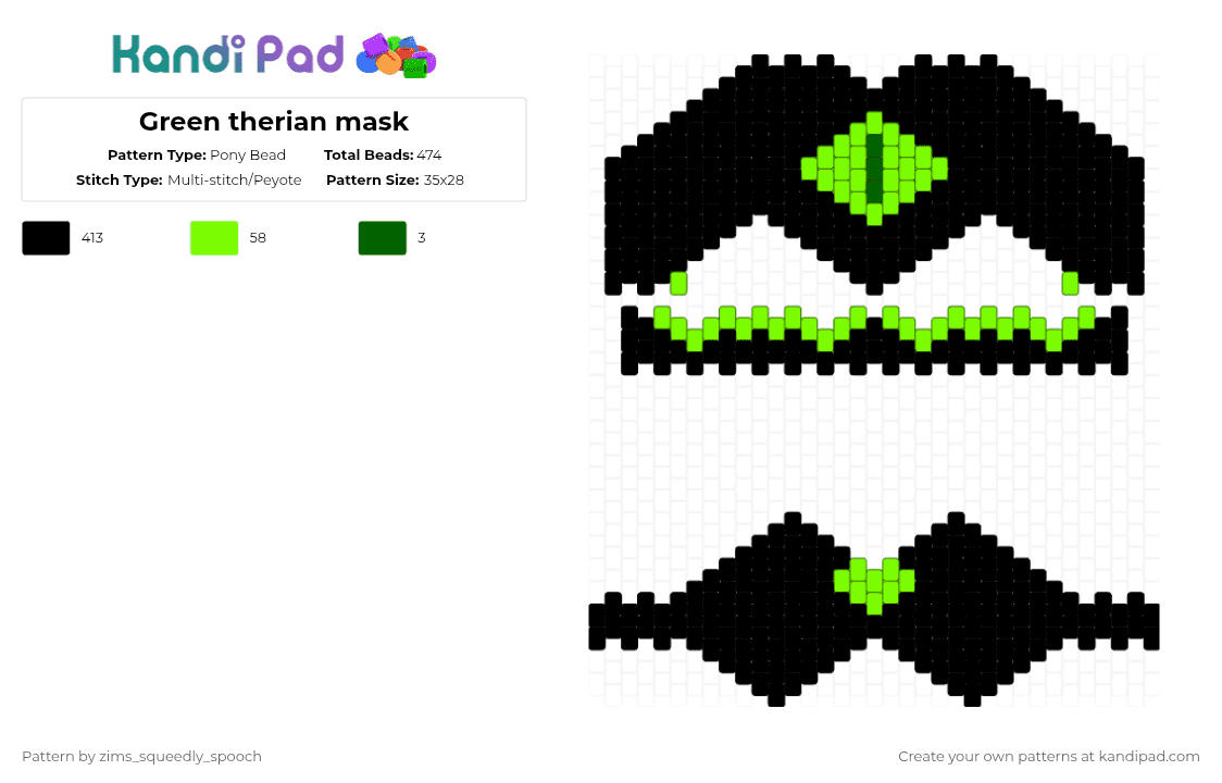 Green therian mask - Pony Bead Pattern by zims_squeedly_spooch on Kandi Pad - black,therian,mask,green,eye