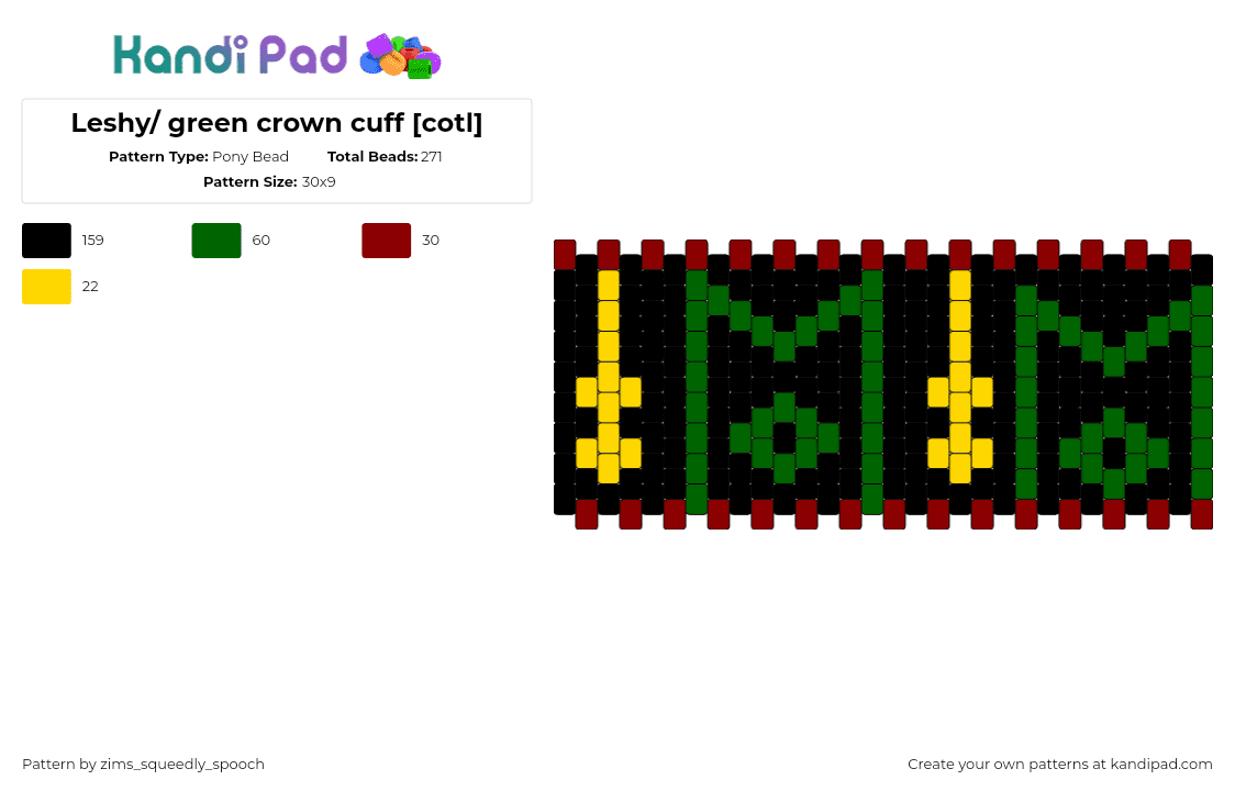 Leshy/ green crown cuff [cotl] - Pony Bead Pattern by zims_squeedly_spooch on Kandi Pad - leshy,cotl,cult of the lamb,symbol,dark,video game,cuff,green,yellow,black