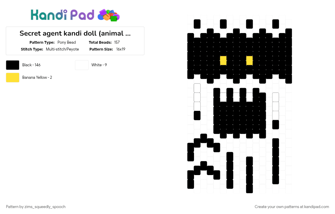 Secret agent kandi doll (animal hospital) - Pony Bead Pattern by zims_squeedly_spooch on Kandi Pad - black, white