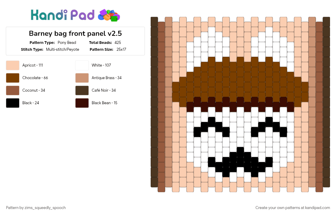 Barney bag front panel v2.5 - Pony Bead Pattern by zims_squeedly_spooch on Kandi Pad - animal hospital, animal hospital anomaly, barney, beige, brown