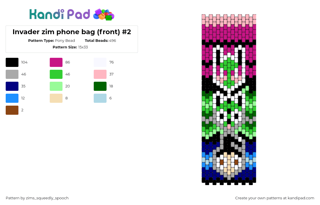 Invader zim phone bag (front) #2 - Pony Bead Pattern by zims_squeedly_spooch on Kandi Pad - incader zim,dib,gir,panel,bag,case,colorful,cartoon,tv show,green,pink,blue