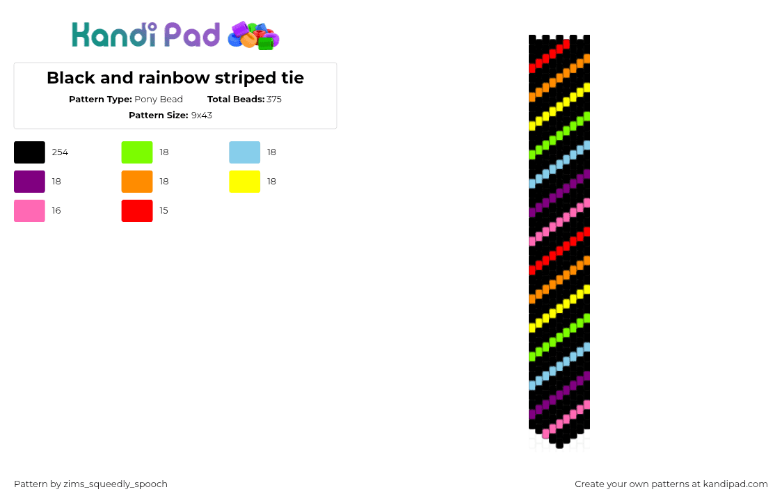 Black and rainbow striped tie - Pony Bead Pattern by zims_squeedly_spooch on Kandi Pad - rainbow,necktie,tie,clothing,diagonal,stripes,dark,black