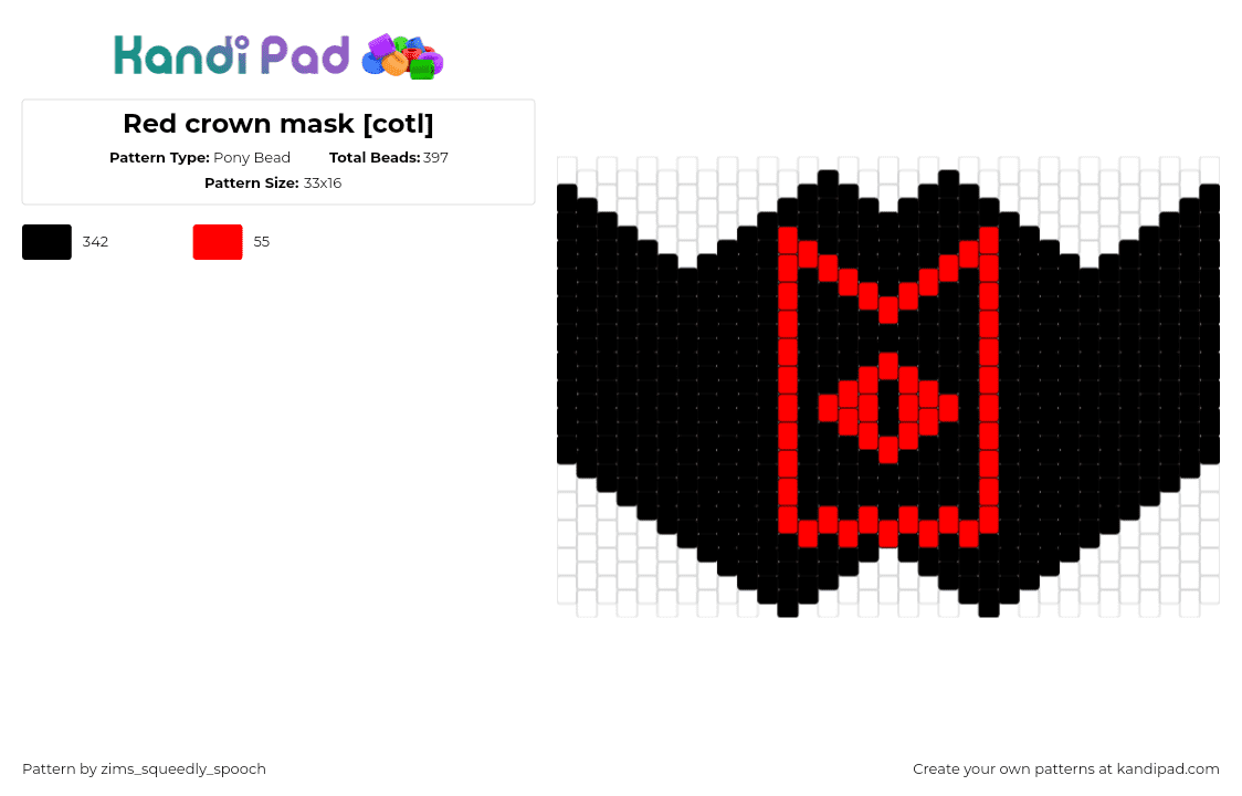 Red crown mask [cotl] - Pony Bead Pattern by zims_squeedly_spooch on Kandi Pad - cotl,cult of the lamb,crown,mask,video game,black,red