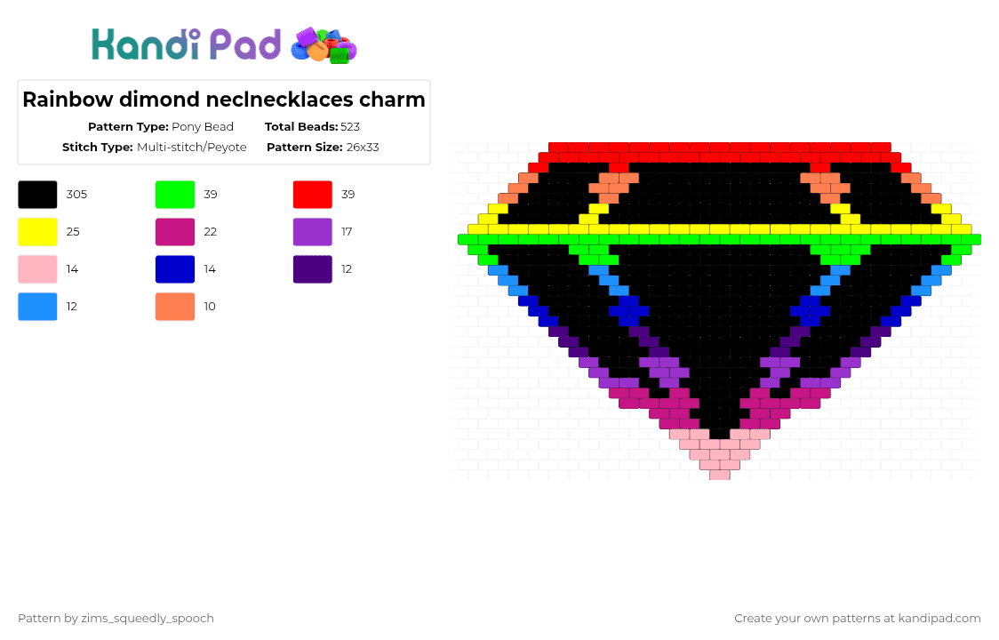 Rainbow dimond neclnecklaces charm - Pony Bead Pattern by zims_squeedly_spooch on Kandi Pad - black,purple,yellow,colorful,rainbow,dimond,neclnecklaces charm,scene,scene queen