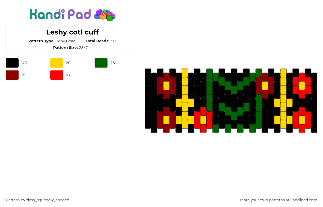 Leshy cotl cuff - Pony Bead Pattern by zims_squeedly_spooch on Kandi Pad - leshy,cotl,cult of the lamb,flowers,video game,cuff,green,yellow,black,red