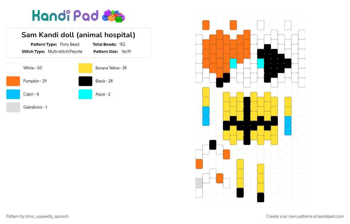 Sam Kandi doll (animal hospital) - Pony Bead Pattern by zims_squeedly_spooch on Kandi Pad - animal hospital, orange, yellow