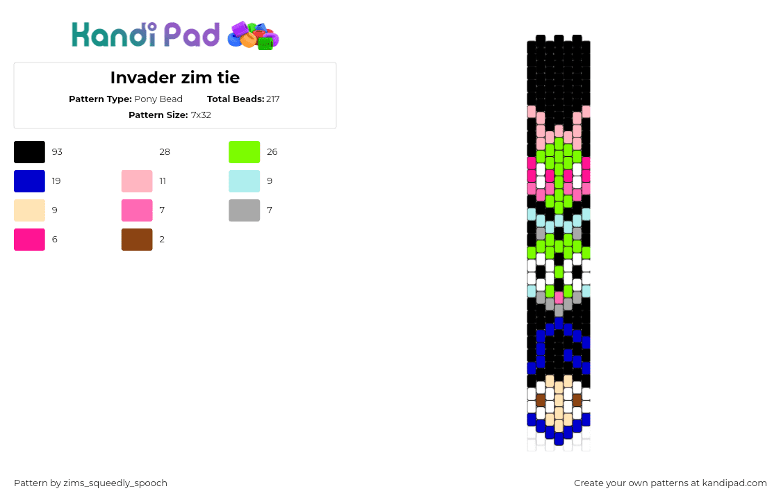 Invader zim tie - Pony Bead Pattern by zims_squeedly_spooch on Kandi Pad - invader zim,gir,dib,tie,necktie,clothing,cartoon,tv show,dark,black,green