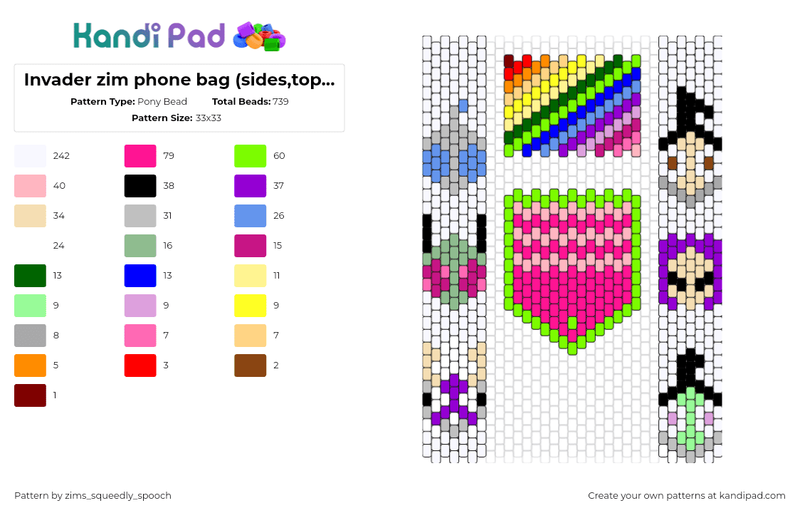 Invader zim phone bag (sides,top,bottom) - Pony Bead Pattern by zims_squeedly_spooch on Kandi Pad - invader zim,gir,dib,gaz,bag,panels,cartoon,tv show,colorful,stripes,pink,green,purple