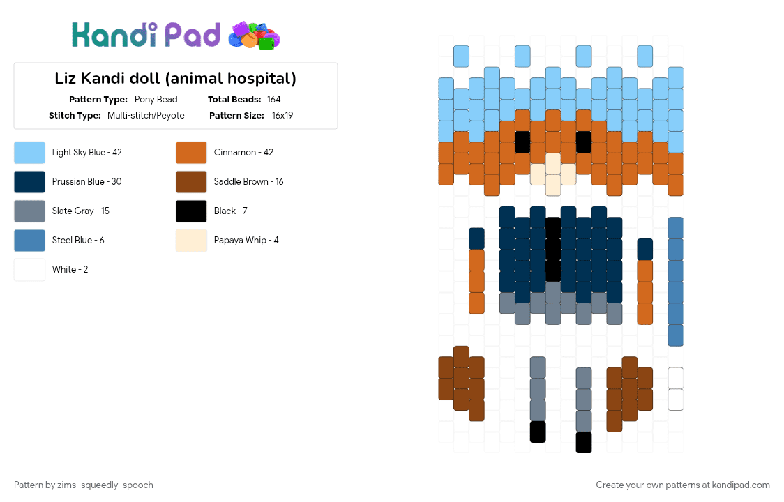 Liz Kandi doll (animal hospital) - Pony Bead Pattern by zims_squeedly_spooch on Kandi Pad - animal hospital, blue, character, light blue, liz, orange