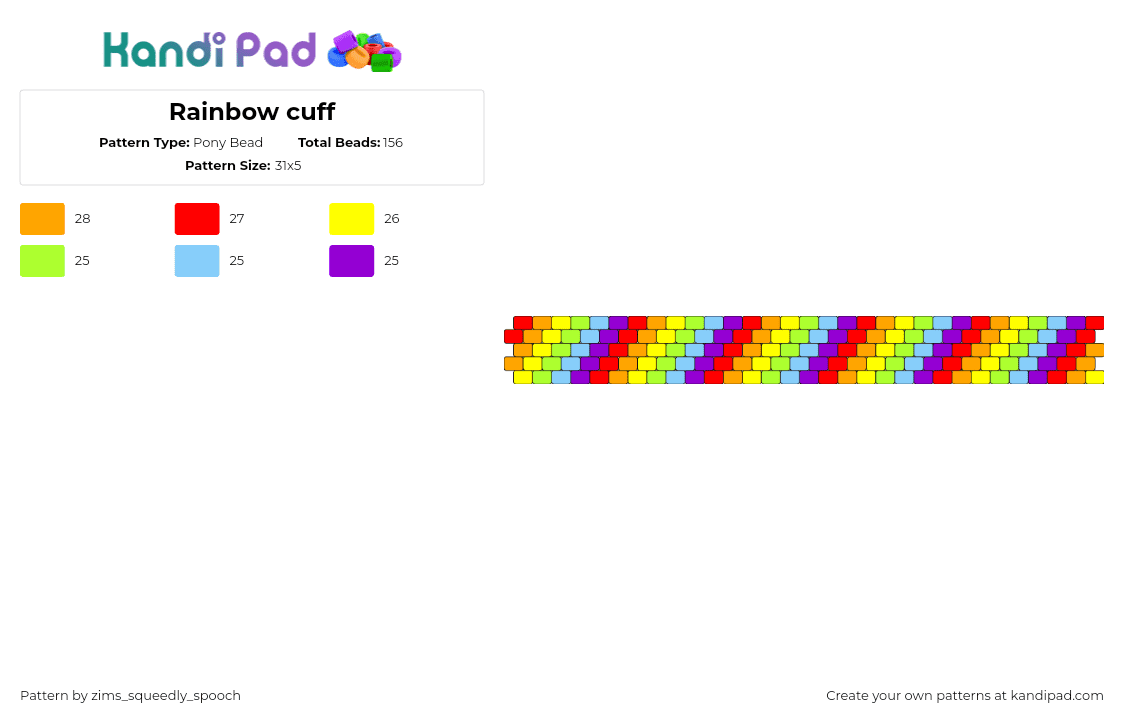 Rainbow cuff - Pony Bead Pattern by zims_squeedly_spooch on Kandi Pad - diagonal,stripes,colorful,rainbow,cuff,yellow,red