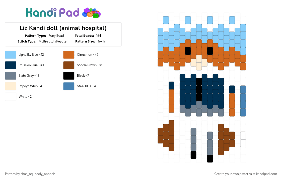 Liz Kandi doll (animal hospital) - Pony Bead Pattern by zims_squeedly_spooch on Kandi Pad - animal hospital, blue, character, light blue, liz, orange