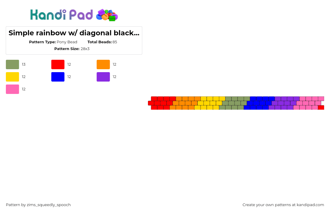 Simple rainbow stripes - Pony Bead Pattern by zims_squeedly_spooch on Kandi Pad - rainbow,diagonal,stripes,bracelet,cuff