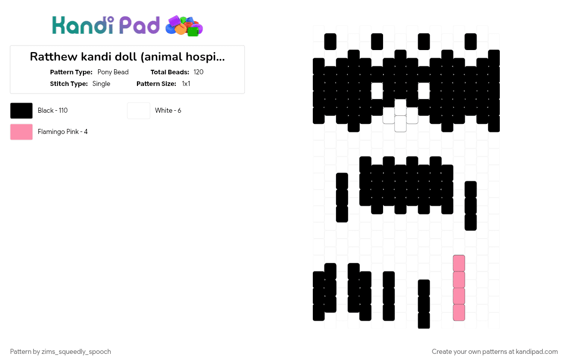 Ratthew kandi doll (animal hospital) - Pony Bead Pattern by zims_squeedly_spooch on Kandi Pad - black, pink, white