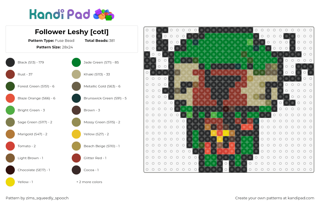 Follower Leshy [cotl] - Fuse Bead Pattern by zims_squeedly_spooch on Kandi Pad - leshy,cotl,cult of the lamb,character,mythology,video game,green