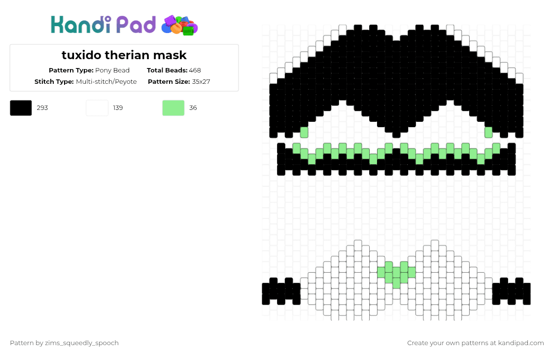 tuxido therian mask - Pony Bead Pattern by zims_squeedly_spooch on Kandi Pad - black,white,therian,mask