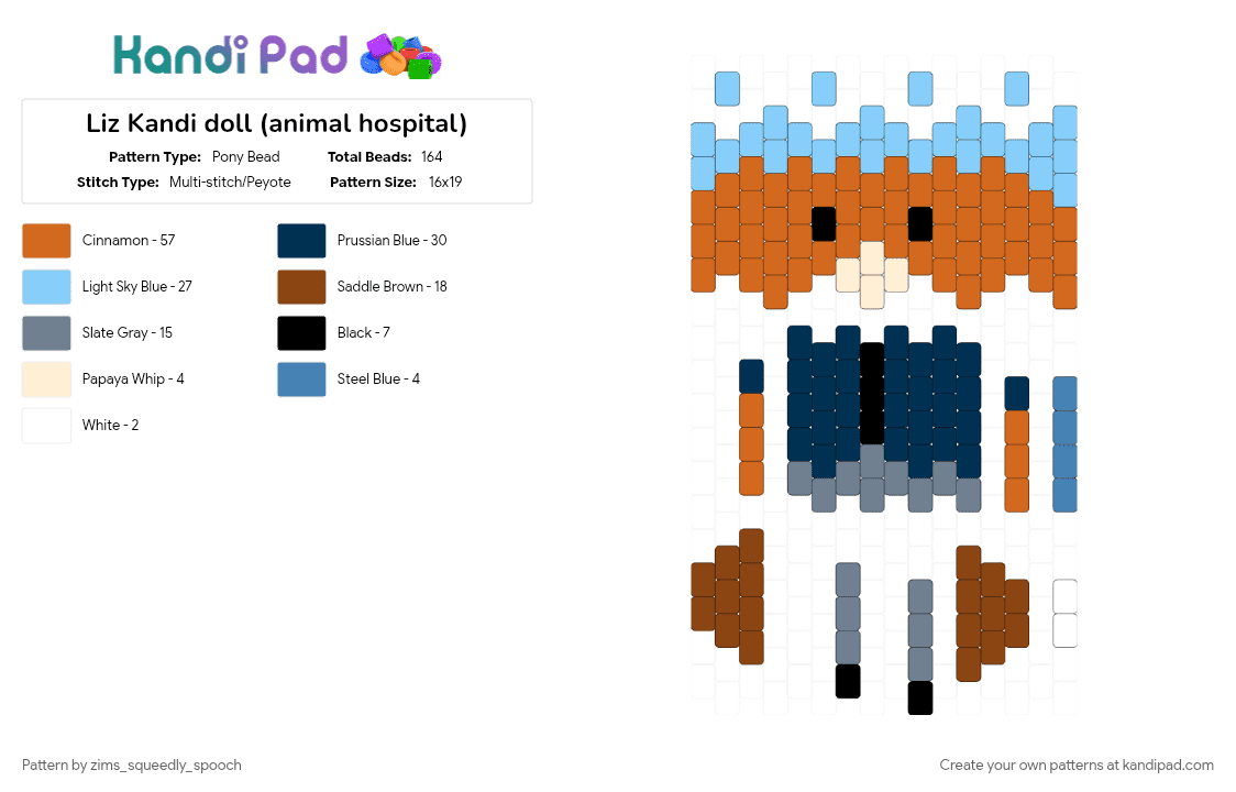 Liz Kandi doll (animal hospital) - Pony Bead Pattern by zims_squeedly_spooch on Kandi Pad - animal hospital, blue, character, light blue, liz, orange