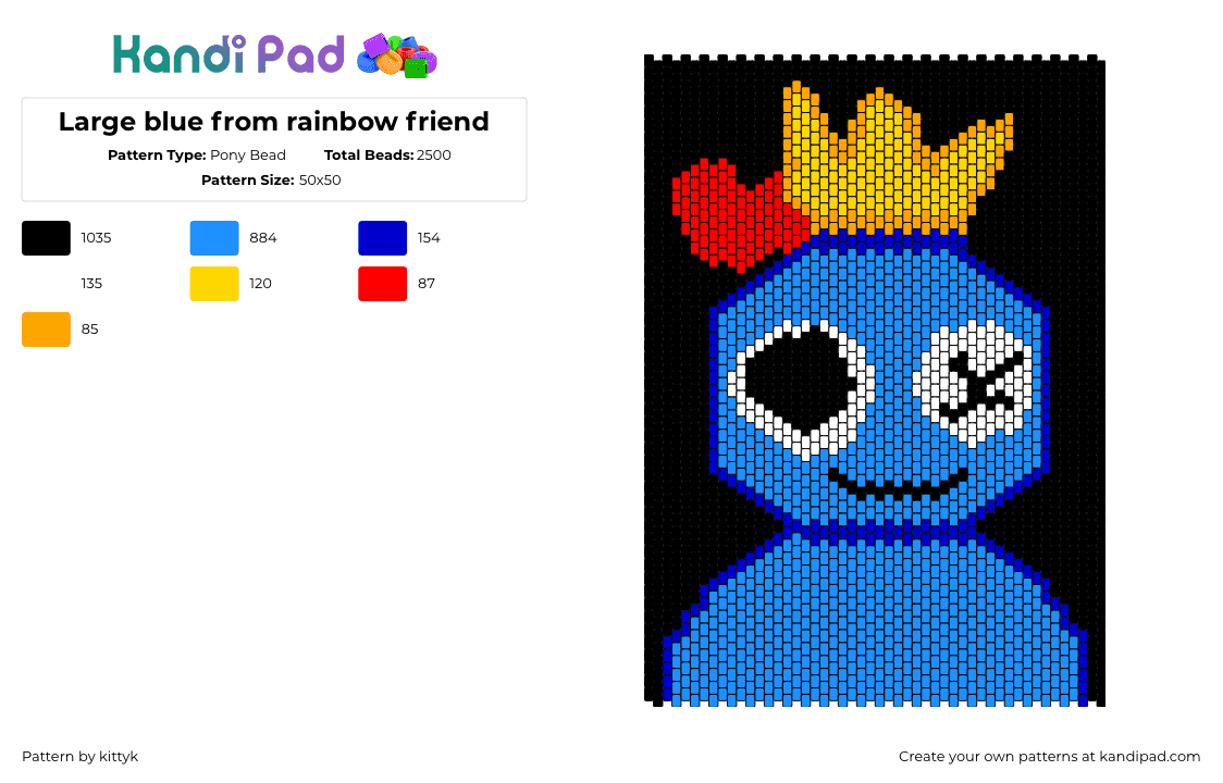 Large blue from rainbow friend - Pony Bead Pattern by kittyk on Kandi Pad - rainbow friends,character,video game,crown,silly,panel,blue,black,gold