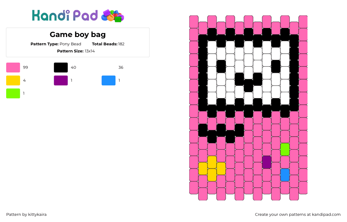 Game boy bag - Pony Bead Pattern by kittyk on Kandi Pad - gameboy,nintendo,bmo,face,video game,console,retro,pink,white