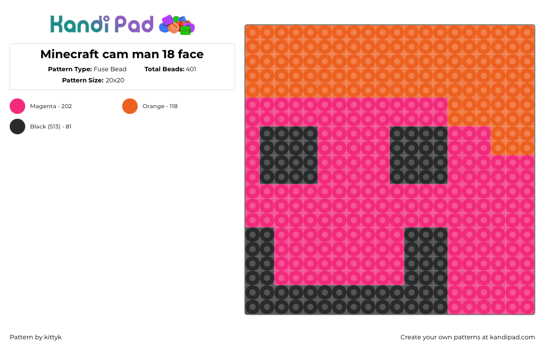 Minecraft cam man 18 face - Fuse Bead Pattern by kittyk on Kandi Pad - camman18,minecraft,youtube,twitch,streamer,video game,smile,pink,black,orange