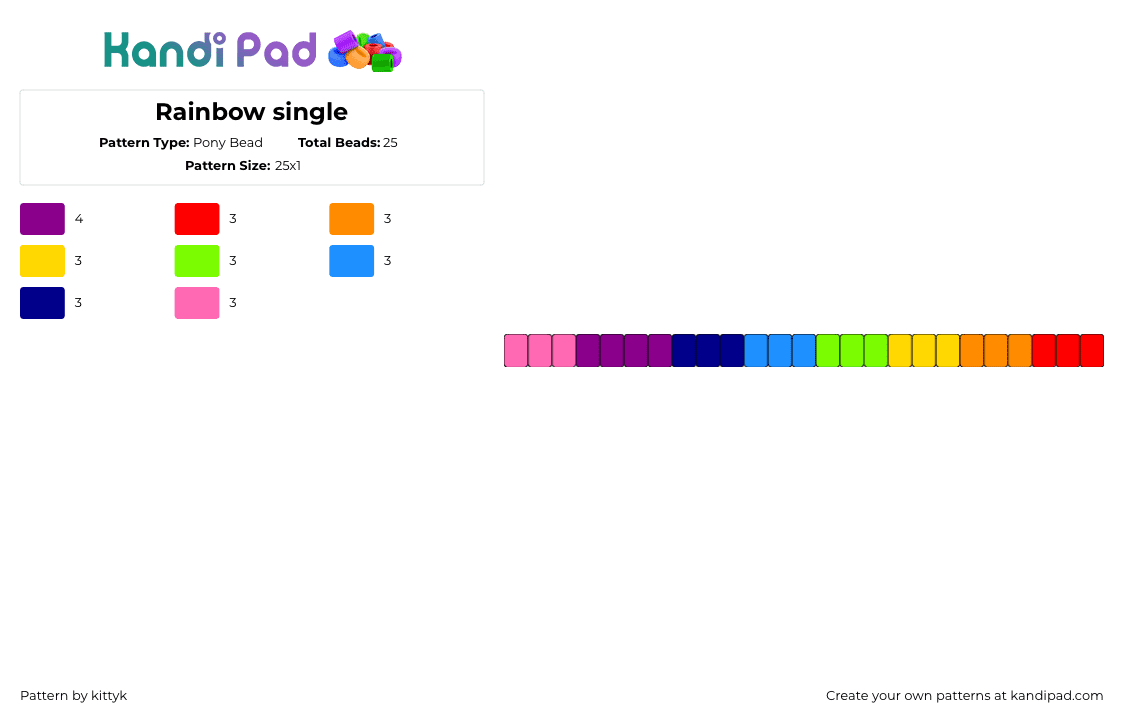 Rainbow single - Pony Bead Pattern by kittyk on Kandi Pad - rainbow,simple,single,bracelet