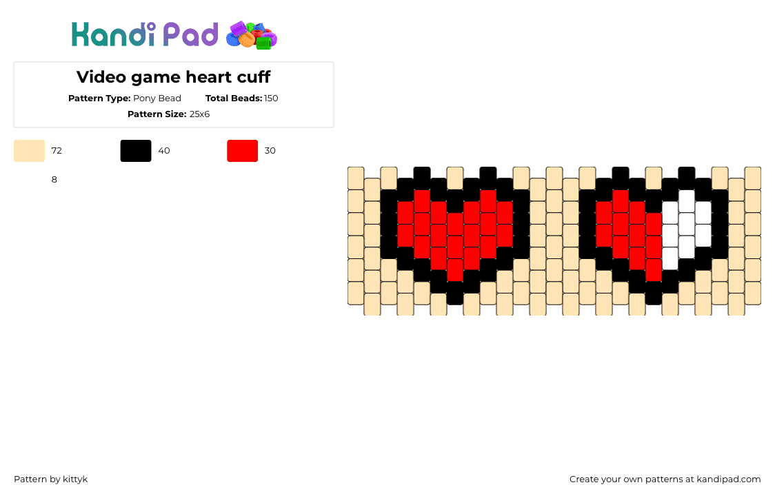 Video game heart cuff - Pony Bead Pattern by kittyk on Kandi Pad - life,hearts,minecraft,video game,cuff,red,tan