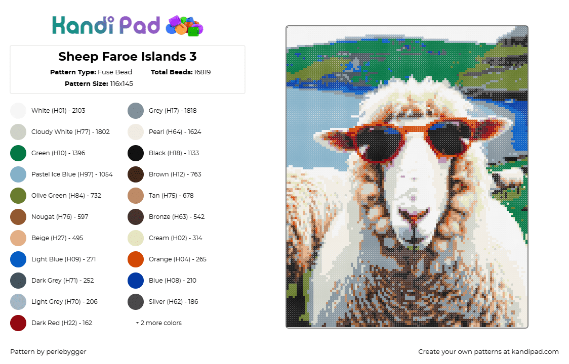 Sheep Faroe Islands 3 - Fuse Bead Pattern by perlebygger on Kandi Pad - sheep,sunglasses,lamb,animal,island,water,white,tan,green,blue