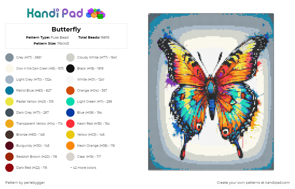 Butterfly - Fuse Bead Pattern by perlebygger on Kandi Pad - butterfly,winged,insect,colorful,orange,teal