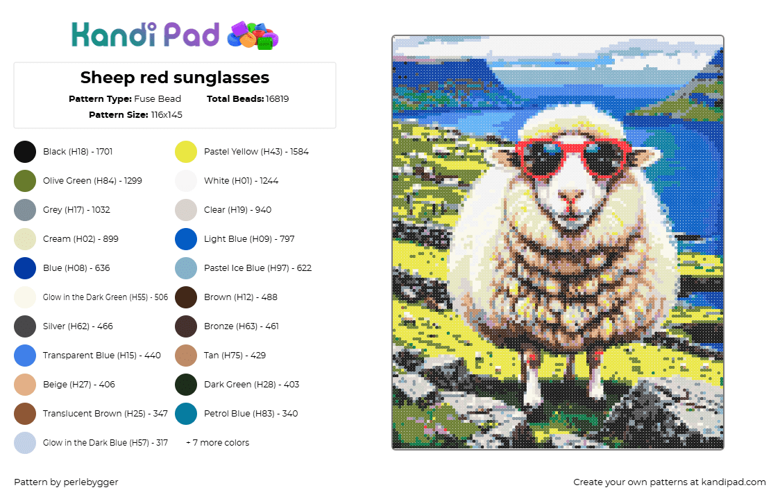 Sheep red sunglasses - Fuse Bead Pattern by perlebygger on Kandi Pad - sheep,sunglasses,lamb,animal,island,water,white,tan,green,blue