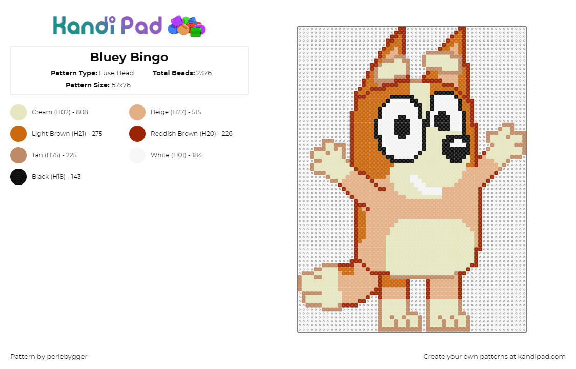 Bluey Bingo - Fuse Bead Pattern by perlebygger on Kandi Pad - bingo,bluey,character,cartoon,tv show,children,dog,tan,orange