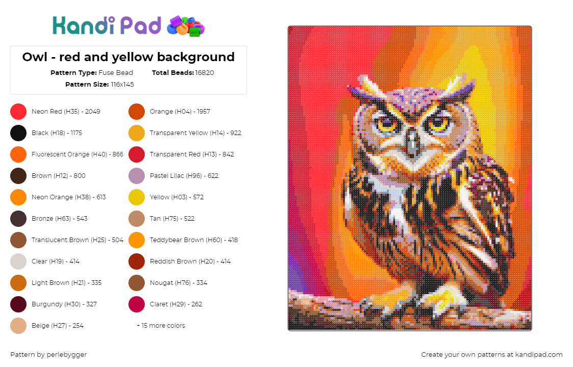 Owl - red and yellow background - Fuse Bead Pattern by perlebygger on Kandi Pad - owl,bird,animal,fiery,orange,red