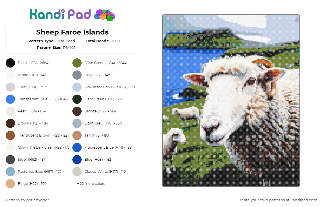 Sheep Faroe Islands - Fuse Bead Pattern by perlebygger on Kandi Pad - sheep,lamb,animal,island,water,white,tan,green,blue