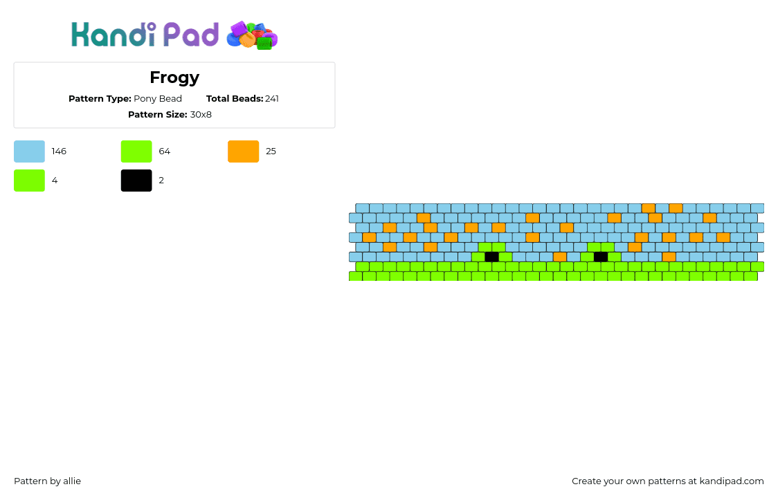 Frogy - Pony Bead Pattern by allie on Kandi Pad - frog,river,fish,amphibian,animal,water,cuff,light blue,green,orange