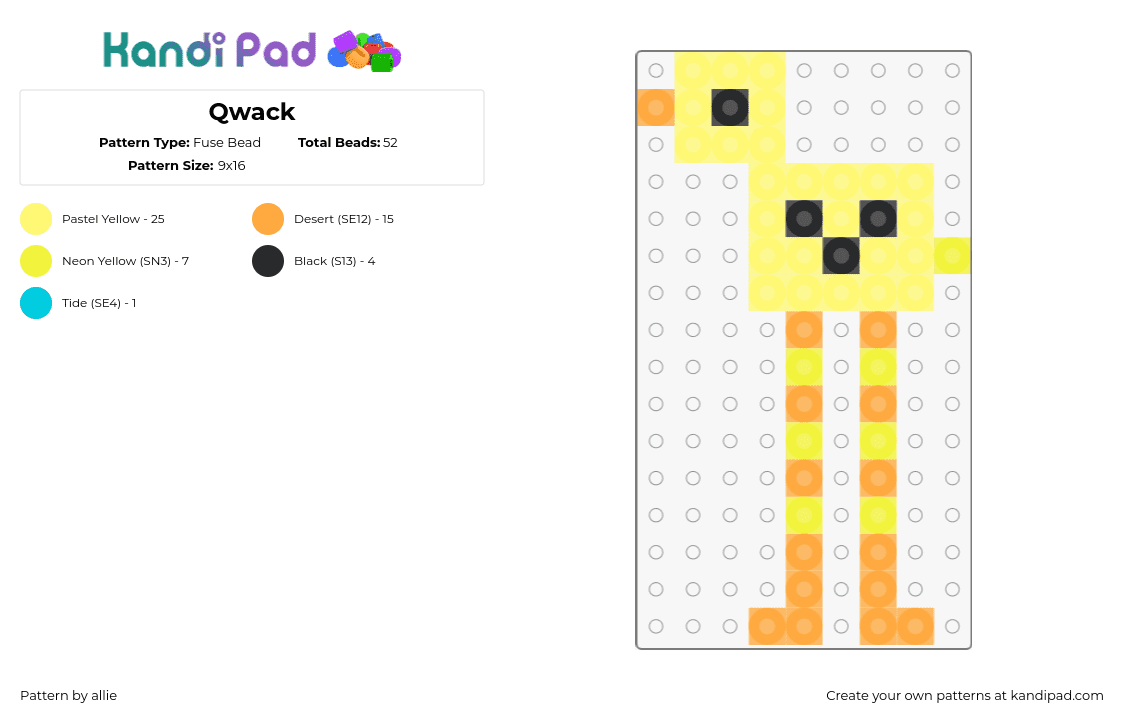 Qwack - Fuse Bead Pattern by allie on Kandi Pad - duck,bird,legs,animal,silly,chick,yellow,orange